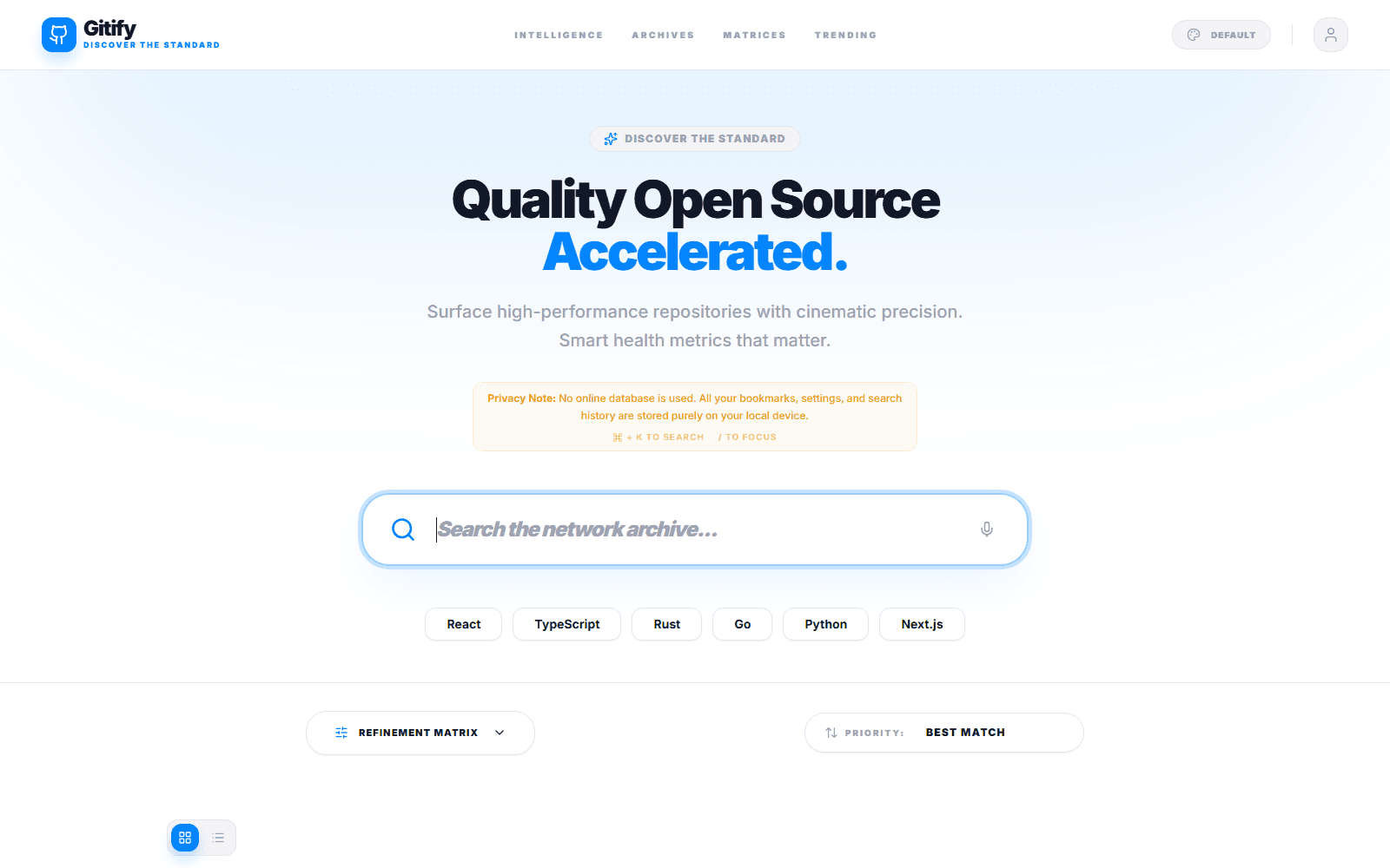 Gitify home page with repository search and language filters